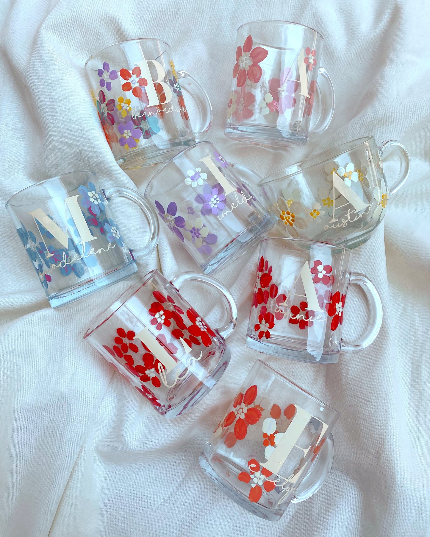 FLORAL GLASS MUG with CUSTOM LETTER (REGULAR MUG)