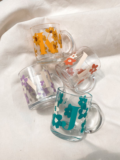 FLORAL GLASS MUG with CUSTOM LETTER (REGULAR MUG)