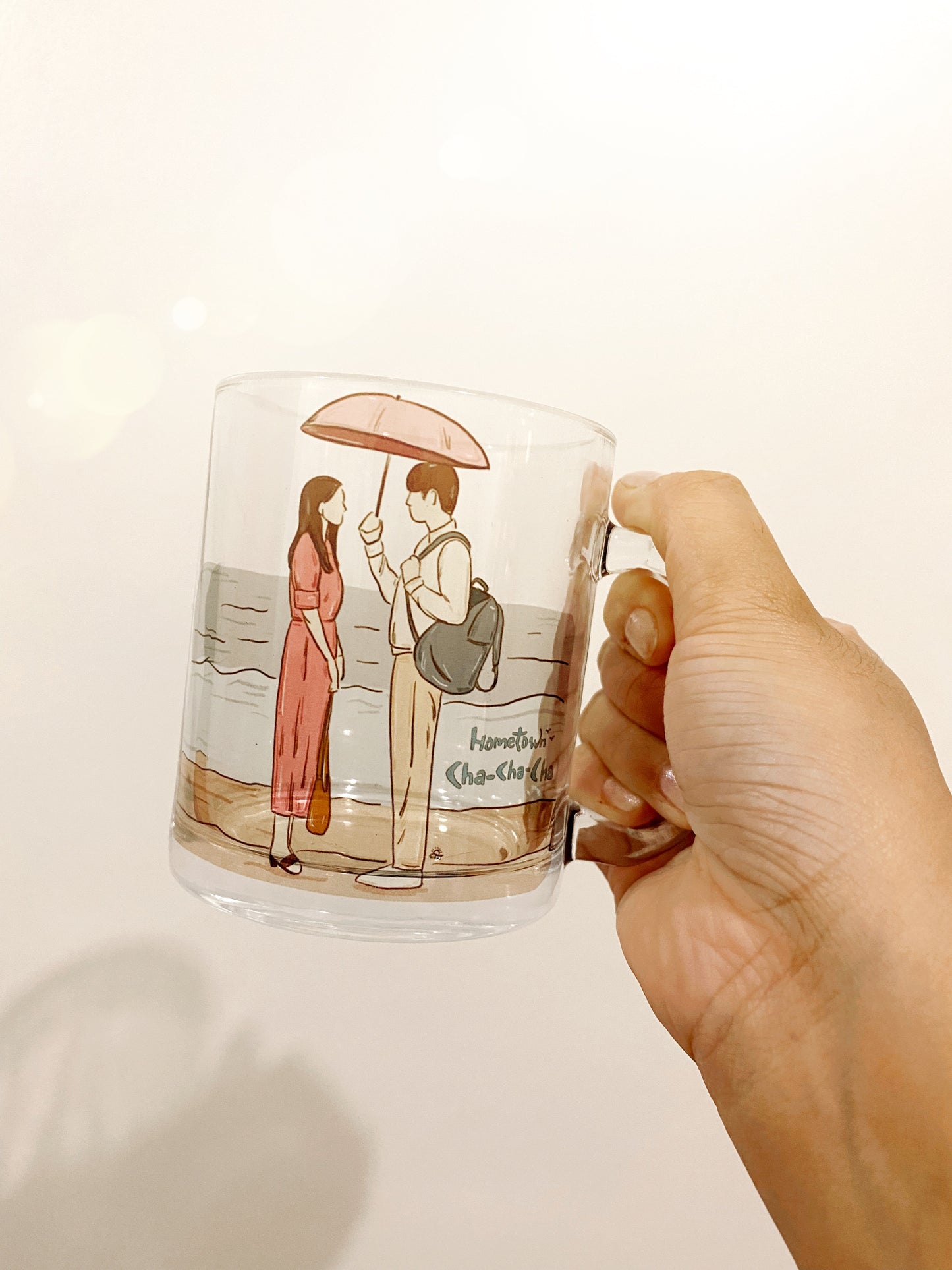 HOMETOWN CHA-CHA-CHA GLASS MUG 1 (PINK RAIN SCENE)